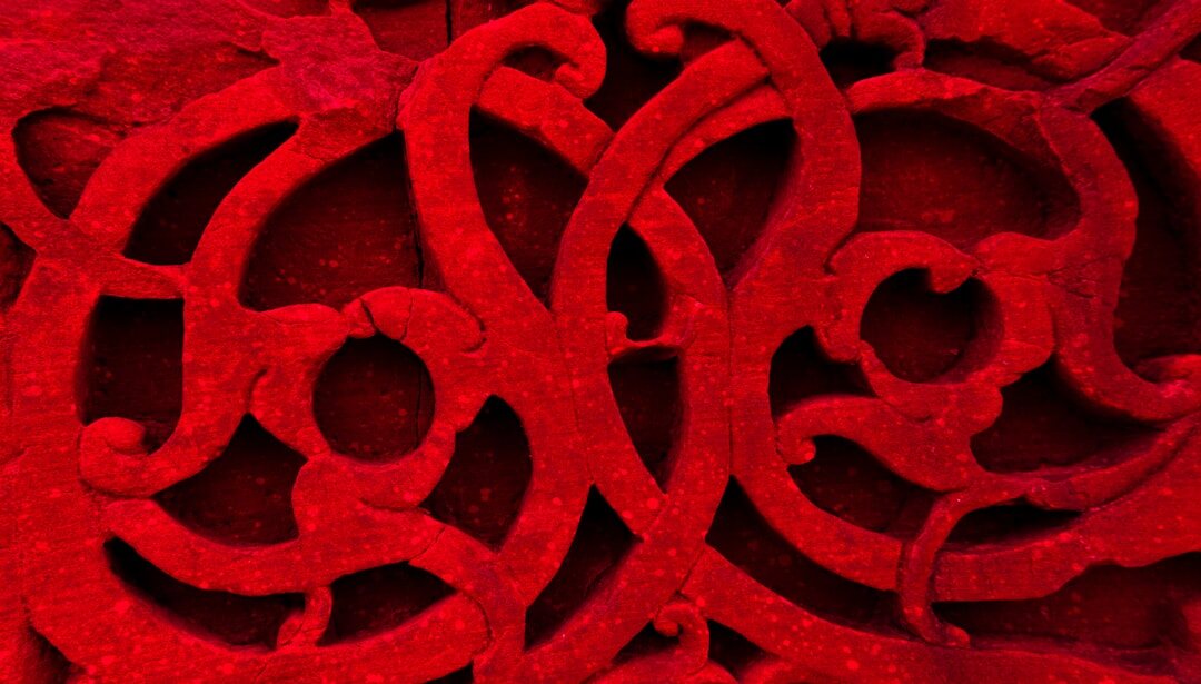 close up of embroidered red carpet dress